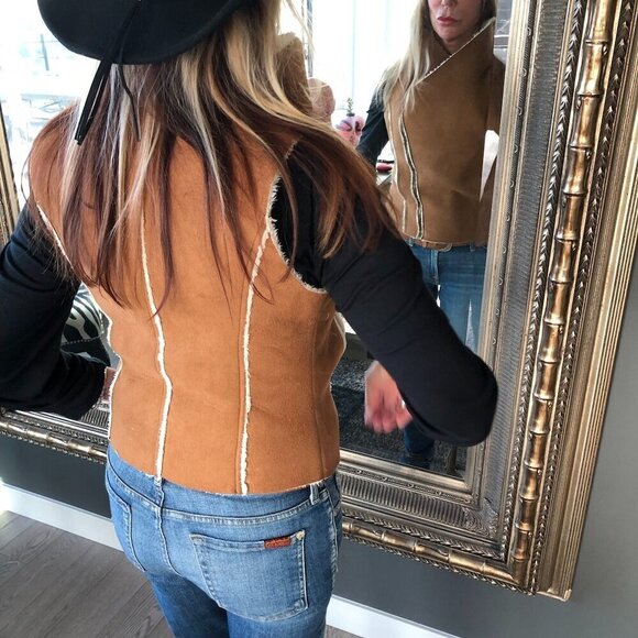 NAMELESS Faux Sherpa Vest Jacket Thick Warm Sleeveless Cognac & Cream Moto Zip S - Picture 8 of 16